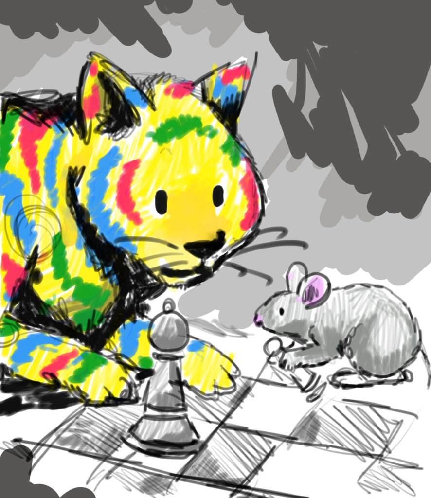 A colorful, cartoon-style cat and a small mouse are playfully engaged in a game of chess on a checkerboard. The cat, with its vibrant multicolored coat, looks almost like its dreaming up black hat SEO techniques, while the mouse holds a chess piece against the simple gray backdrop.