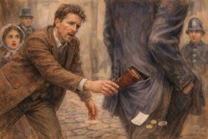 A distressed man catches another man stealing his wallet from his coat pocket on a cobblestone street, as startled bystanders and a police officer look on.