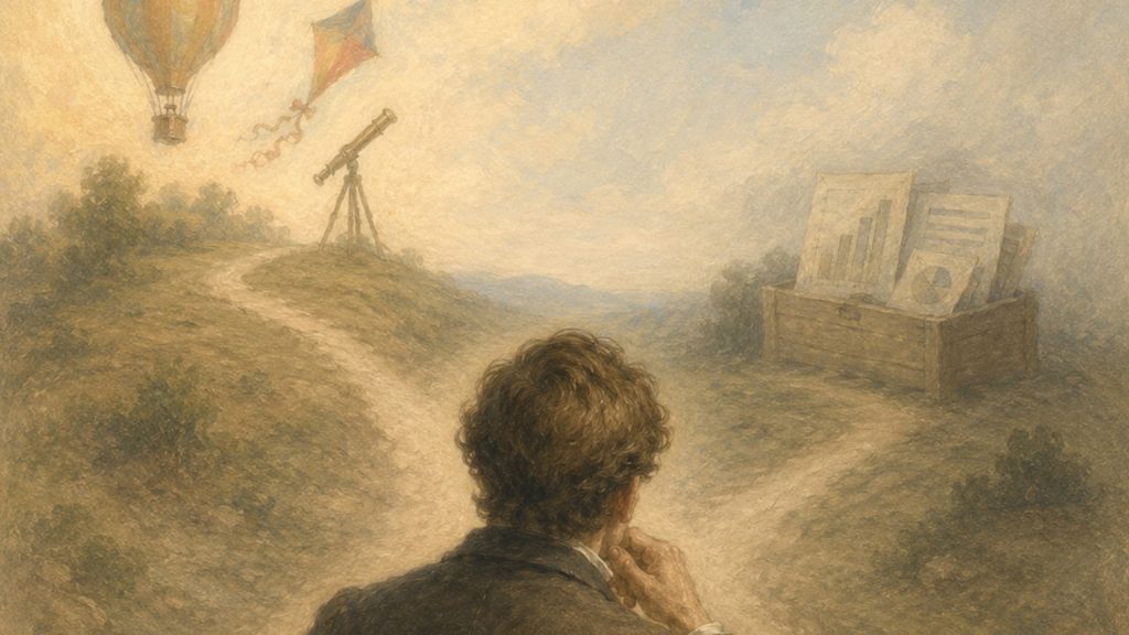 A person stands at a fork in a path, contemplating. In the distance are a telescope, a flying kite, a hot air balloon, and a box containing charts and graphs, all under a soft, pastel sky.