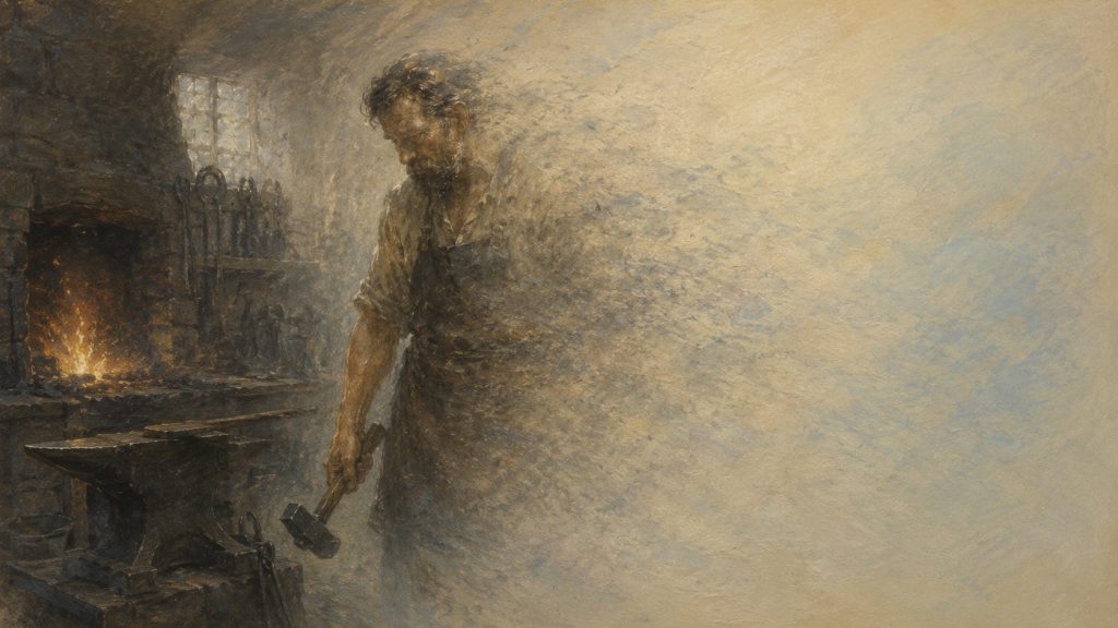 A blacksmith stands by an anvil holding a hammer, with a glowing forge in the background. His figure appears to fade and blur into the textured, light-colored surroundings, creating an ethereal, dreamlike effect.